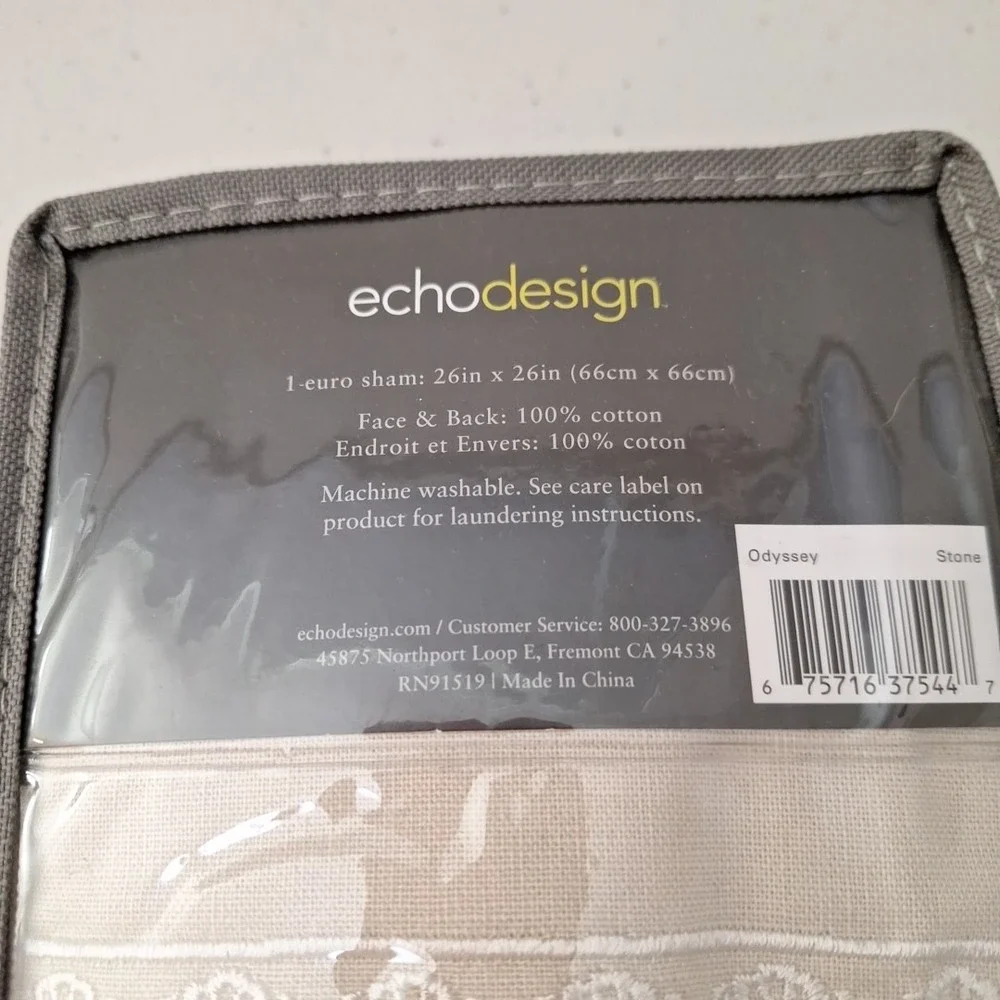 Echo Design Odyssey Euro Pillow Sham White Embroidered Border 100% Cotton NEW
